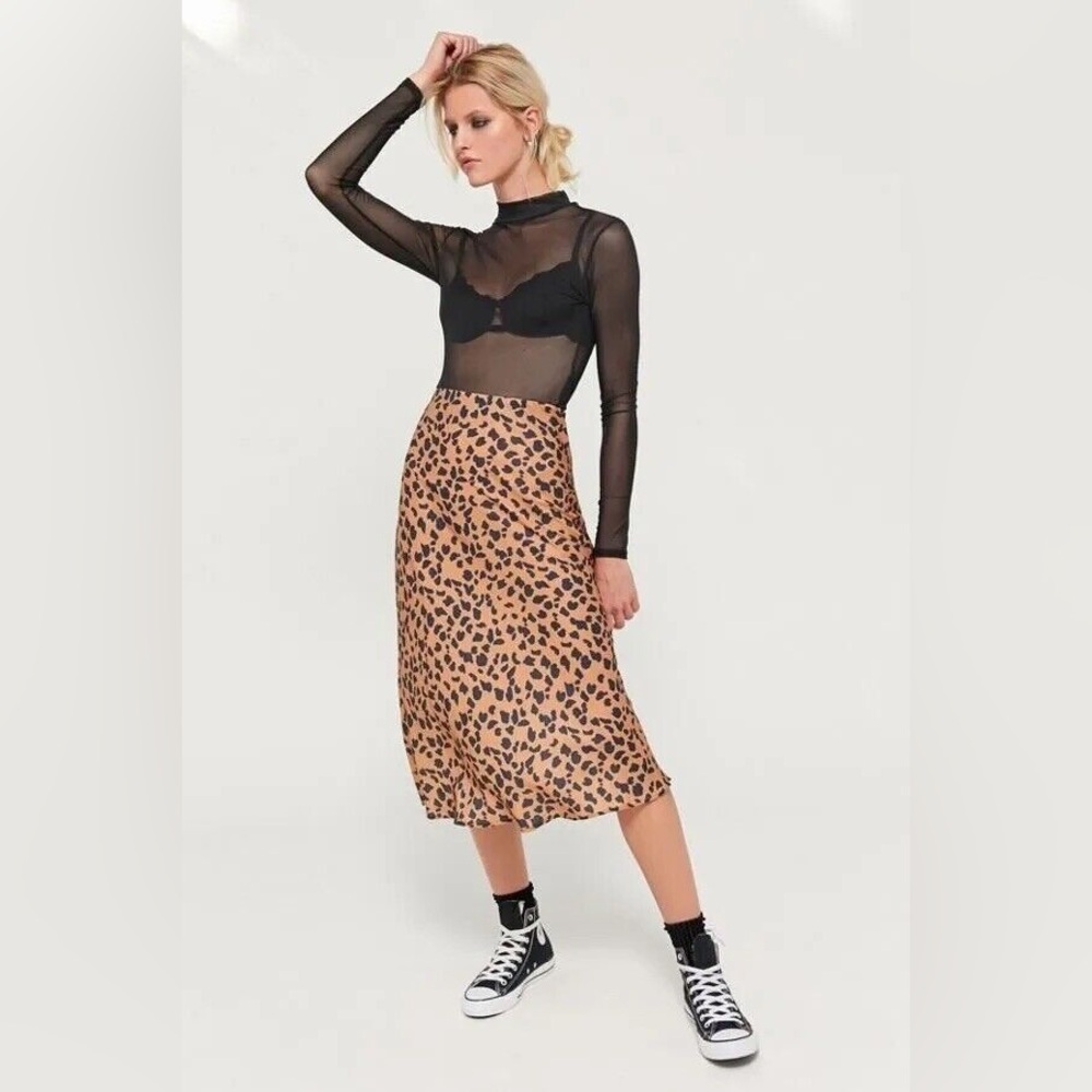 NWOT Urban Outfitters Tan A-Line Leopard Print Midi Skirt